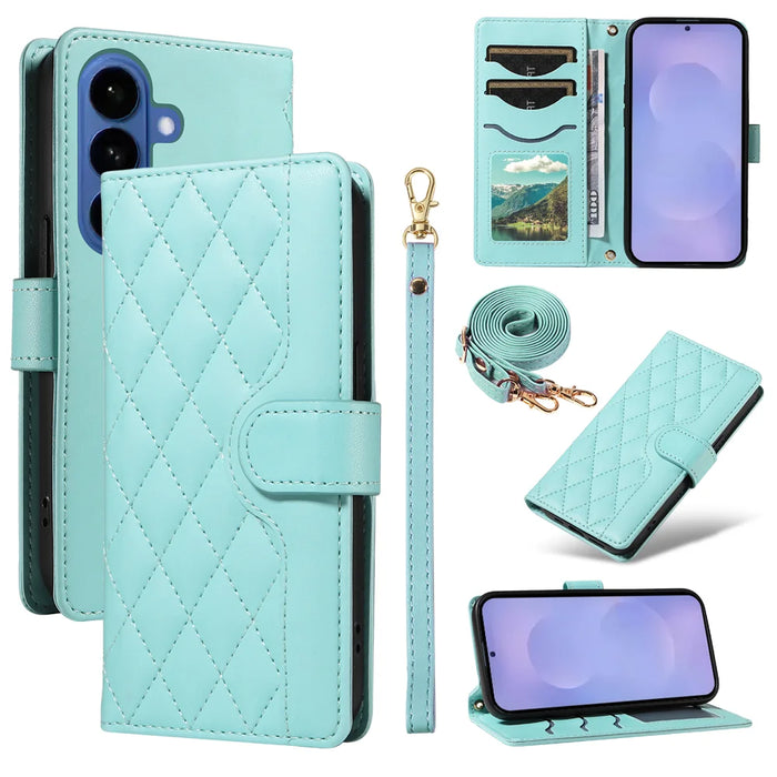For Samsung Galaxy S26+ Wallet Case Rhombus Leather Phone Cover with Strap - Green - 1