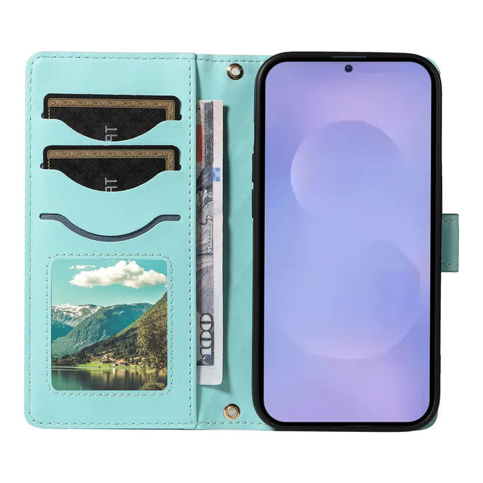 For Samsung Galaxy S26+ Wallet Case Rhombus Leather Phone Cover with Strap - Green - 2