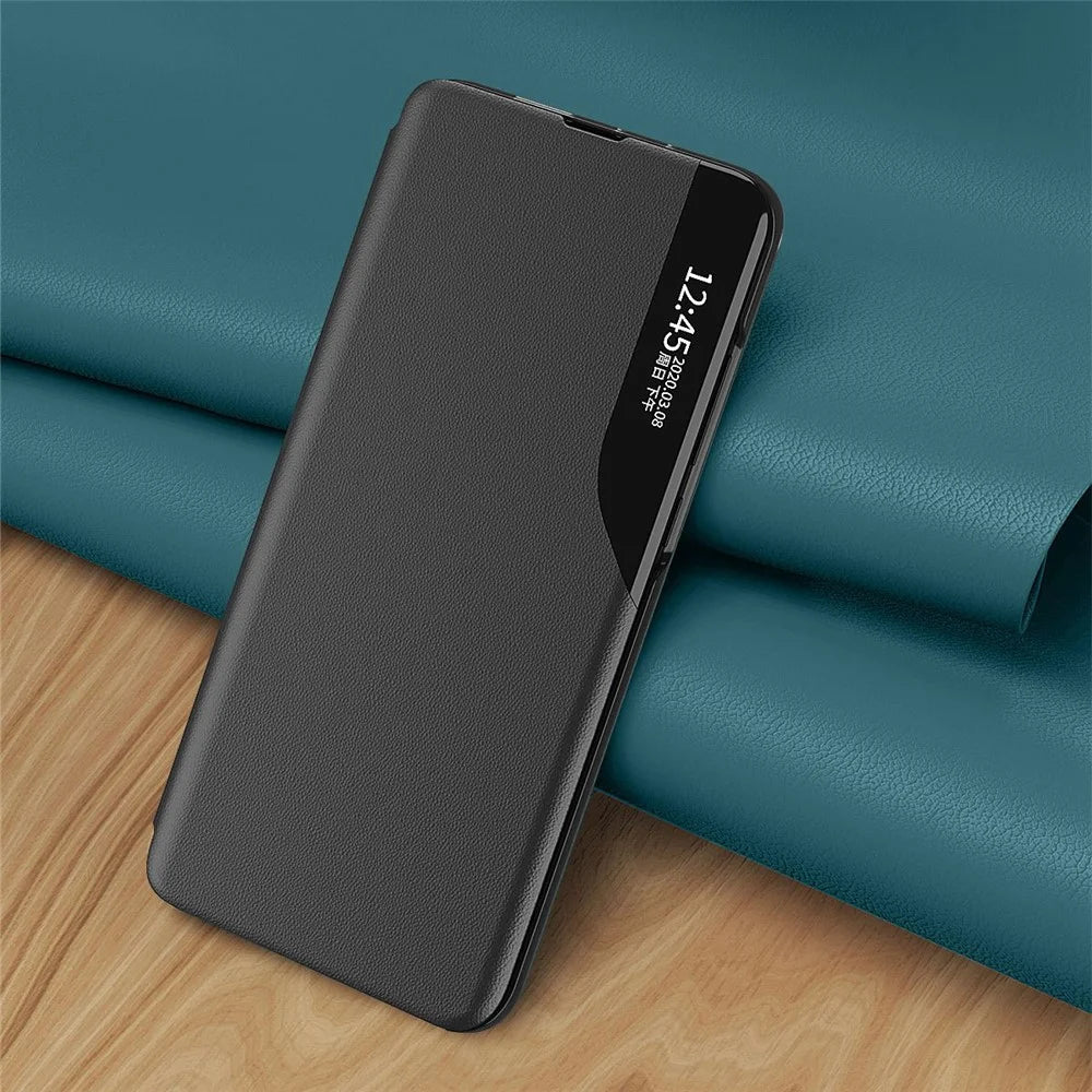 PU Leather Phone Case for Samsung Galaxy S23 Ultra Protective Case Anti-Fall View Window Folio Flip Cover with Stand - Black - 3