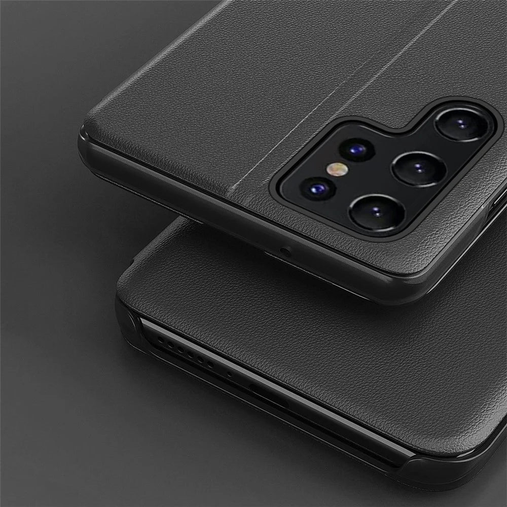PU Leather Phone Case for Samsung Galaxy S23 Ultra Protective Case Anti-Fall View Window Folio Flip Cover with Stand - Black - 4