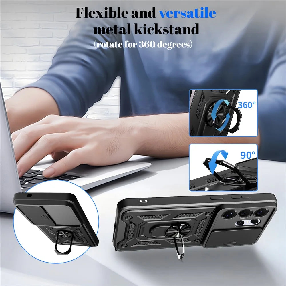 For Samsung Galaxy S26 Ultra Case with Slide Camera Lid PC + TPU Kickstand Phone Cover - Black - 4