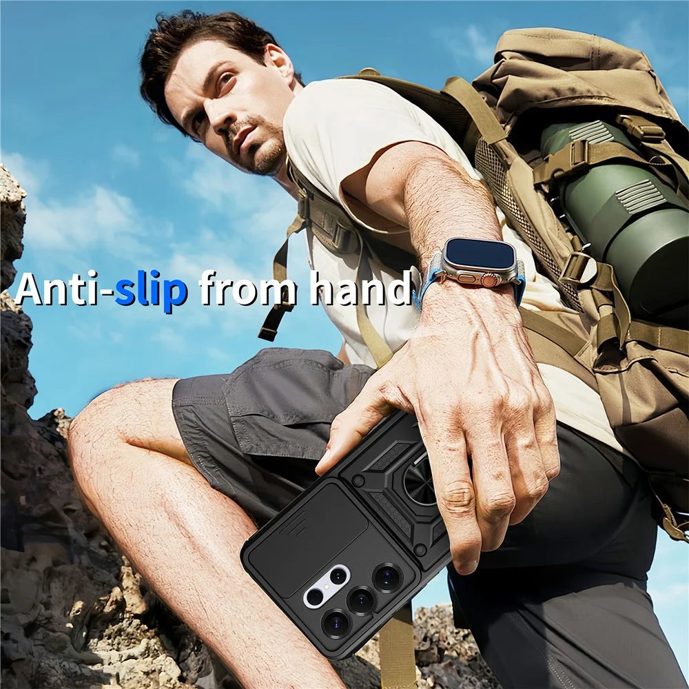 For Samsung Galaxy S26 Ultra Case with Slide Camera Lid PC + TPU Kickstand Phone Cover - Black - 6