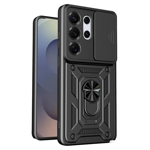 AMORUS For Samsung Galaxy S26 Ultra Case Kickstand PC + TPU Phone Cover with Camera Lens Slider - Black - 1