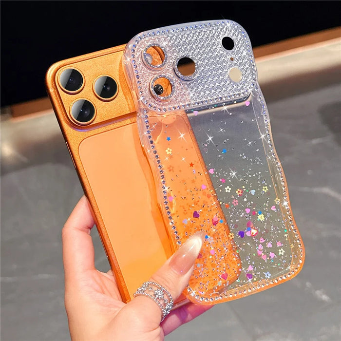 For iPhone 18 Pro Max / 17 Pro Max Case Glitter Epoxy Design TPU Protective Case with Sparkly Rhinestone Decor Wave Frame - Gradient Yellow - 3