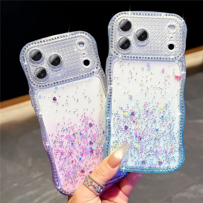 For iPhone 18 Pro Max / 17 Pro Max Case Glitter Epoxy Design TPU Protective Case with Sparkly Rhinestone Decor Wave Frame - Gradient Yellow - 4