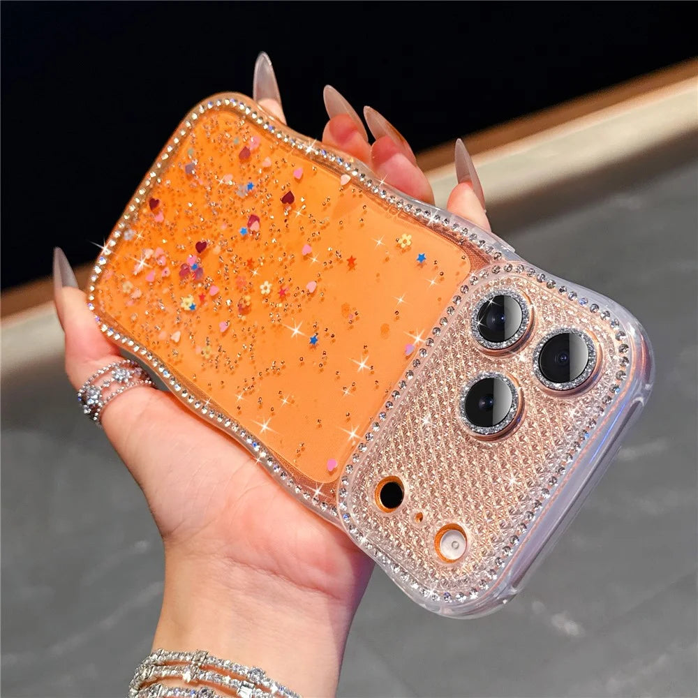 For iPhone  18 Pro / 17  Pro Case Glitter Epoxy Design TPU Protective Case with Sparkly Rhinestone Decor Wave Frame - Gradient Yellow - 2