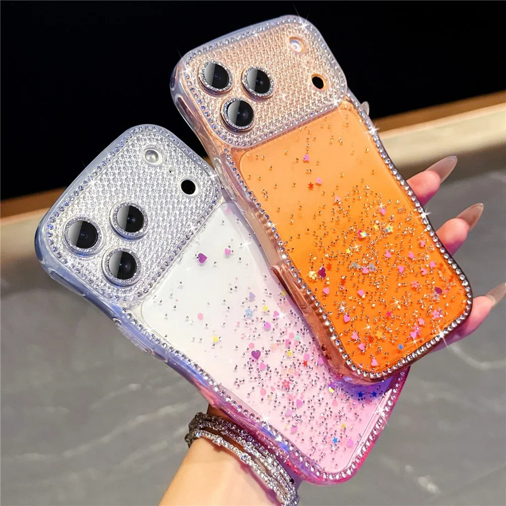 For iPhone  18 Pro / 17  Pro Case Glitter Epoxy Design TPU Protective Case with Sparkly Rhinestone Decor Wave Frame - Gradient Yellow - 5
