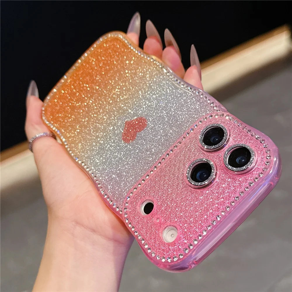 For iPhone 18 Pro Max / 17 Pro Max Case Sparkle Rhinestone Decor TPU Phone Cover with Glitter Gradient Card - Pink / Orange - 2
