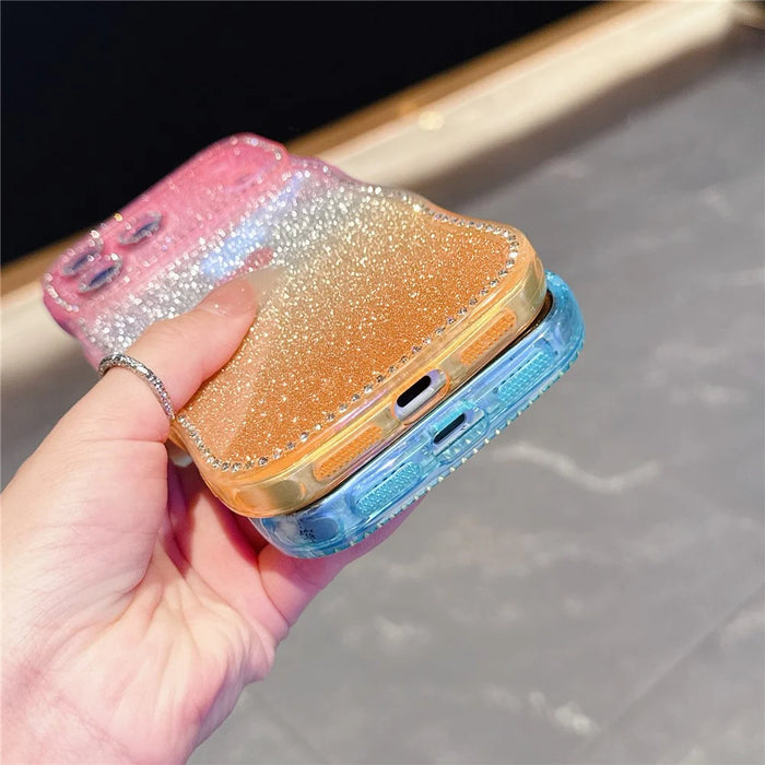 For iPhone  18 Pro / 17  Pro Case Sparkle Rhinestone Decor TPU Phone Cover with Glitter Gradient Card - Pink / Orange - 3