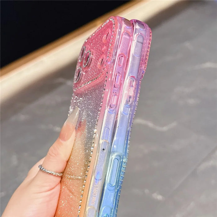 For iPhone  18 Pro / 17  Pro Case Sparkle Rhinestone Decor TPU Phone Cover with Glitter Gradient Card - Pink / Orange - 4