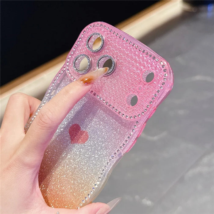 For iPhone  18 Pro / 17  Pro Case Sparkle Rhinestone Decor TPU Phone Cover with Glitter Gradient Card - Pink / Orange - 5