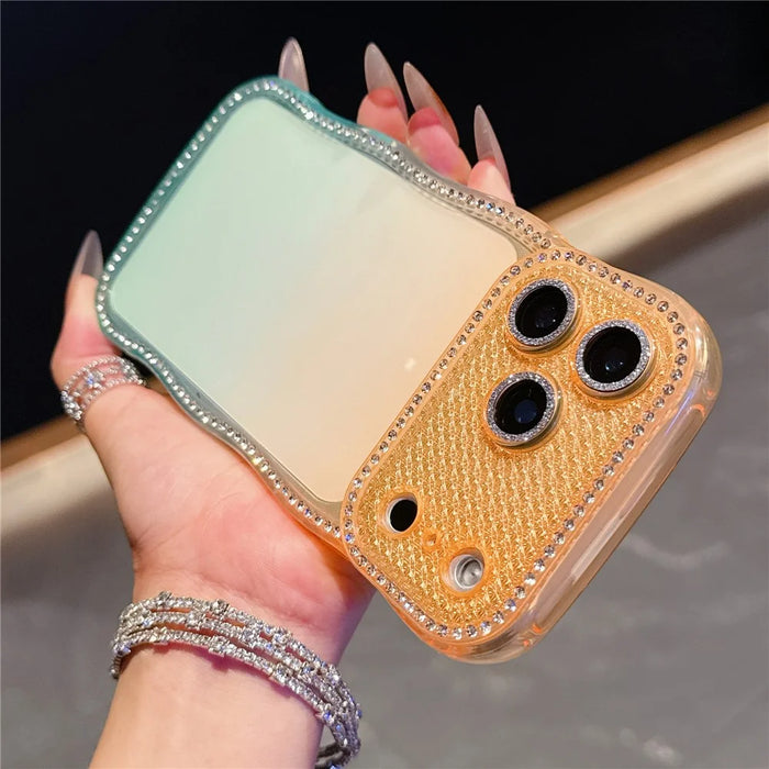 For iPhone  18 Pro / 17  Pro Case Rhinestone Decor Wave Frame Gradient Design TPU Phone Cover - Orange / Green - 2