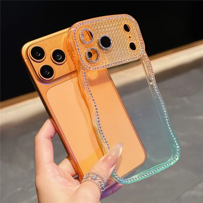 For iPhone  18 Pro / 17  Pro Case Rhinestone Decor Wave Frame Gradient Design TPU Phone Cover - Orange / Green - 3