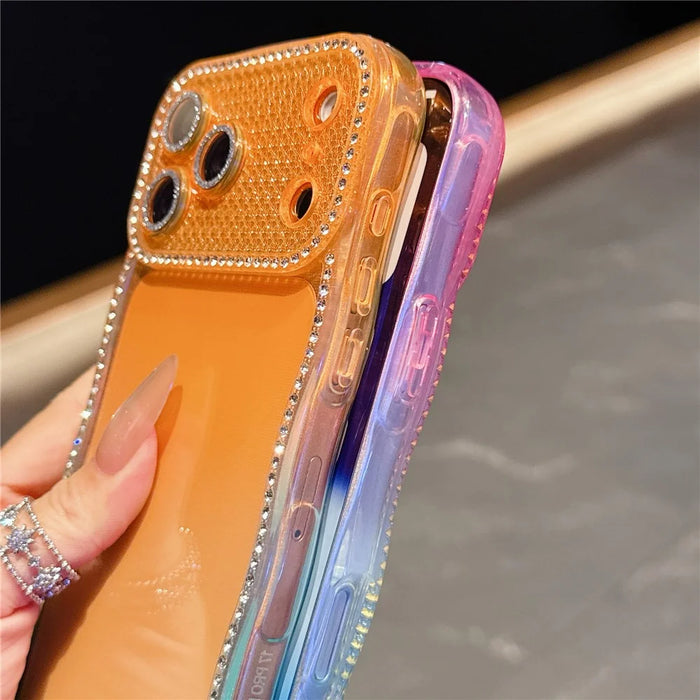For iPhone  18 Pro / 17  Pro Case Rhinestone Decor Wave Frame Gradient Design TPU Phone Cover - Orange / Green - 6