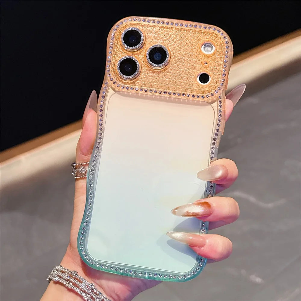 For iPhone 17 Pro Max Case Rhinestone Decor Wave Frame Gradient Design TPU Phone Cover - Orange / Green - 1