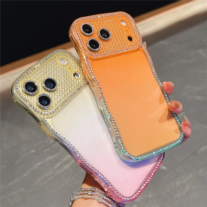 For iPhone 17 Pro Max Case Rhinestone Decor Wave Frame Gradient Design TPU Phone Cover - Orange / Green - 4