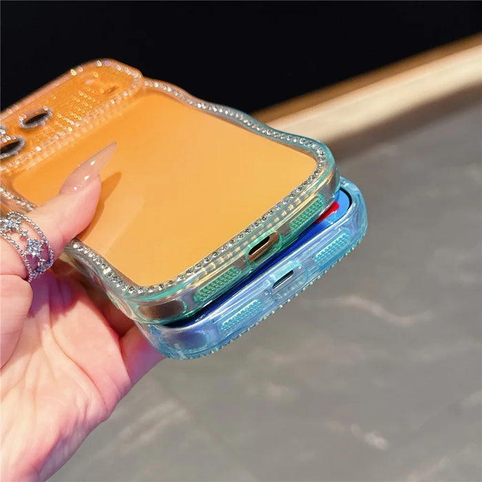 For iPhone 17 Pro Max Case Rhinestone Decor Wave Frame Gradient Design TPU Phone Cover - Orange / Green - 5