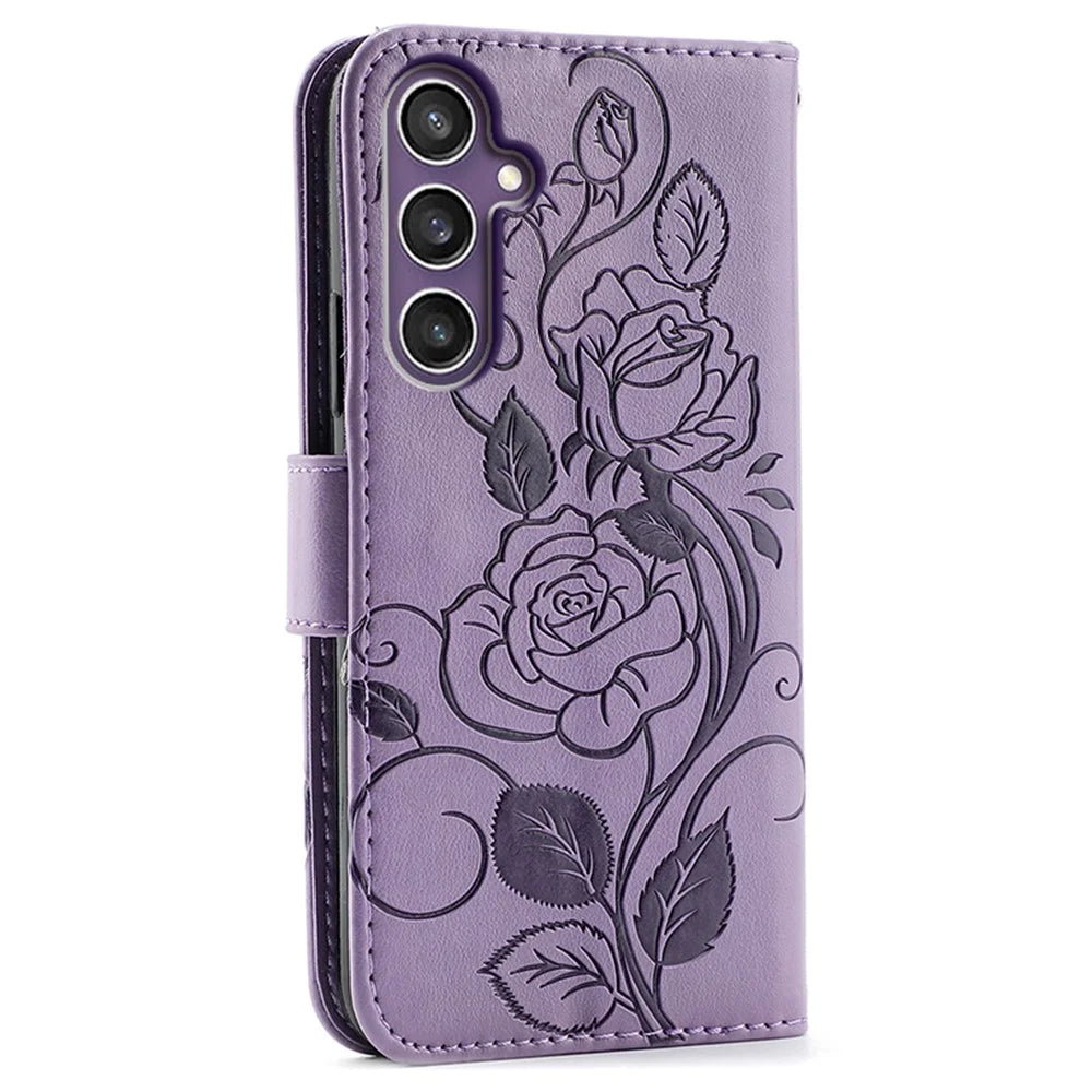 For Samsung Galaxy S26 Case Wallet Stand Imprinted Rose Butterfly PU Leather Phone Cover - Purple - 5