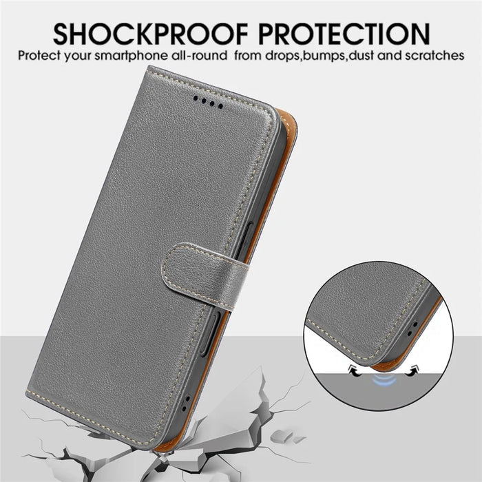 For Samsung Galaxy S26 Case RFID Blocking Wallet Litchi Texture Leather Phone Cover Magnetic Clasp - Grey - 4