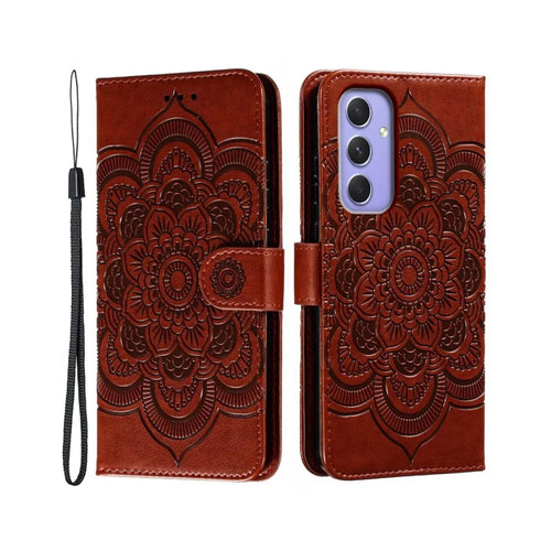 For Samsung Galaxy S26+ Case PU Leather Mandala Imprinted Design Wallet Phone Cover with Wrist Strap - Brown - 1