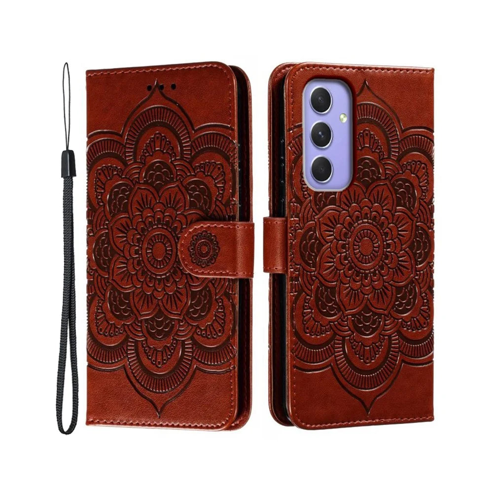 For Samsung Galaxy S26+ Case PU Leather Mandala Imprinted Design Wallet Phone Cover with Wrist Strap - Brown - 1
