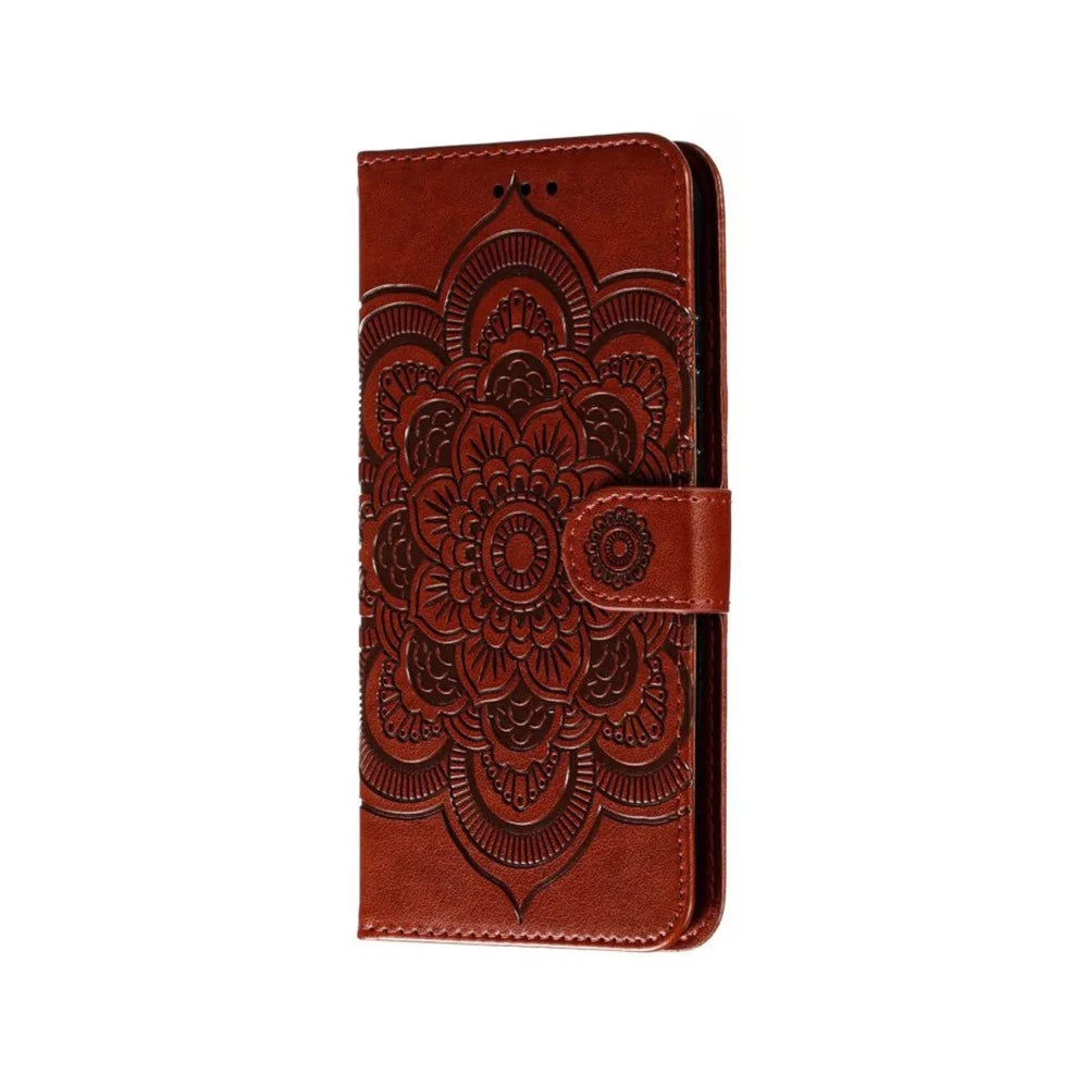 For Samsung Galaxy S26 Case PU Leather Mandala Imprinted Design Wallet Phone Cover with Wrist Strap - Brown - 6
