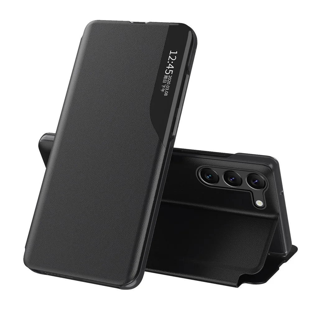 Shockproof Case for Samsung Galaxy S23+ PU Leather Folio Flip Cover Anti-Fall View Window Phone Case with Stand - Black - 1