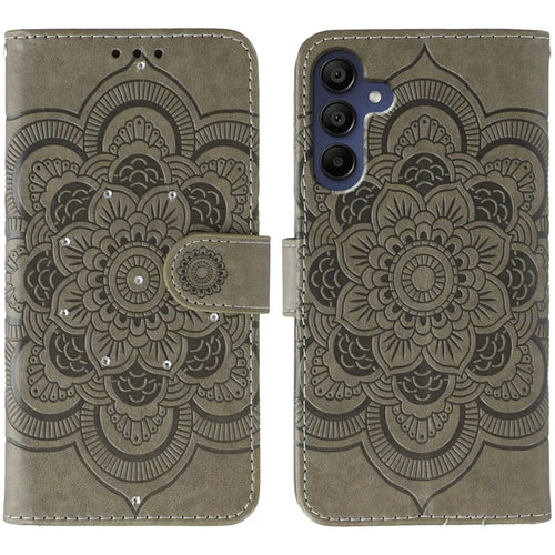For Samsung Galaxy S26 Case Rhinestone Decor PU Leather Mandala Imprint Phone Cover with Wrist Strap - Grey - 1