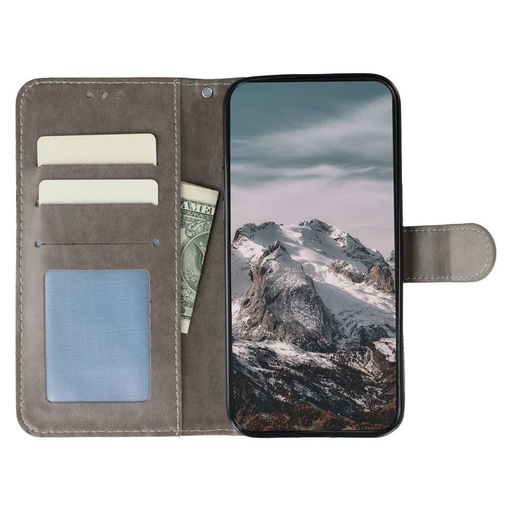 For Samsung Galaxy S26 Case Rhinestone Decor PU Leather Mandala Imprint Phone Cover with Wrist Strap - Grey - 2