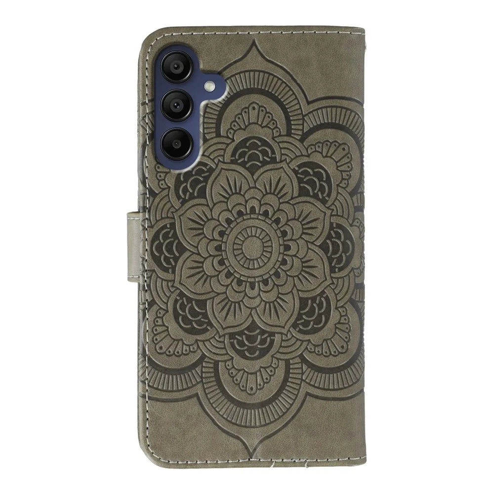 For Samsung Galaxy S26 Case Rhinestone Decor PU Leather Mandala Imprint Phone Cover with Wrist Strap - Grey - 5