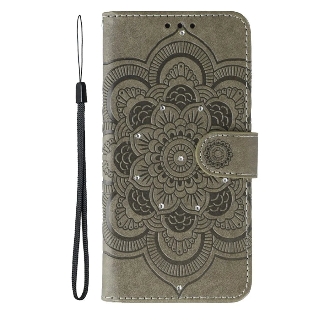 For Samsung Galaxy S26+ Case Rhinestone Decor PU Leather Mandala Imprint Phone Cover with Wrist Strap - Grey - 4