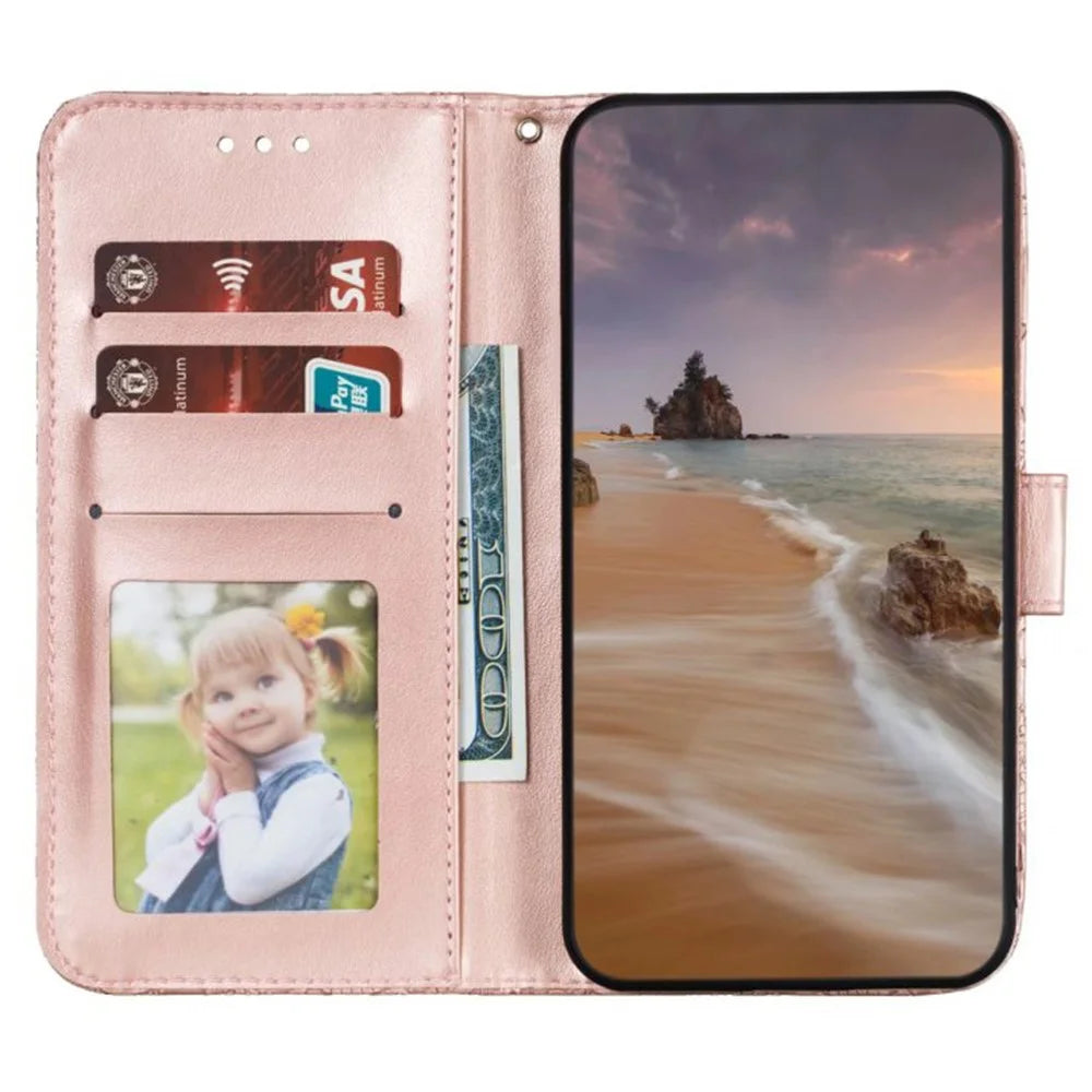 For Samsung Galaxy S26+ Case Lace Flowers PU Leather Flip Wallet Phone Cover - Rose Gold - 2