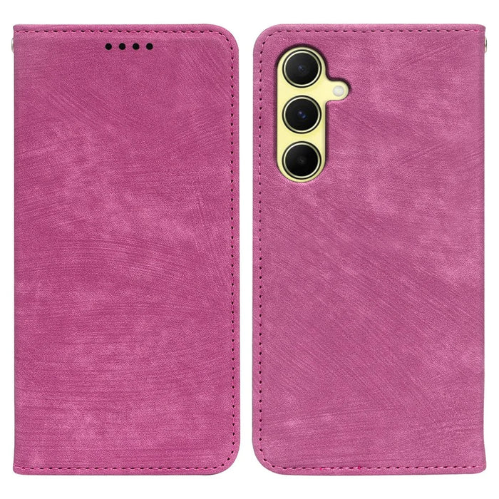 For Samsung Galaxy A37 5G Case Strong Magnetic Leather Wallet Phone Cover with Striped Texture - Rose - 1