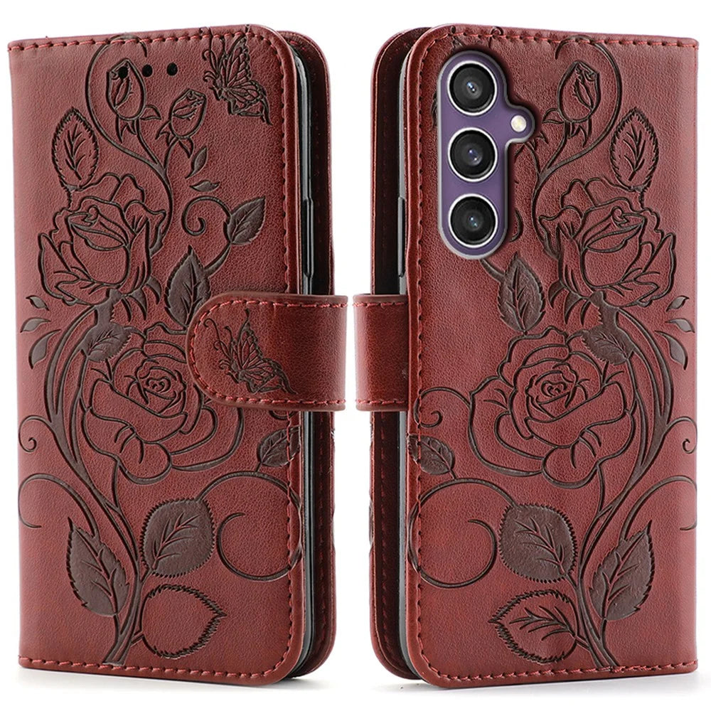 For Samsung Galaxy A27 5G Case Wallet Stand Imprinted Rose Butterfly PU Leather Phone Cover - Brown - 1