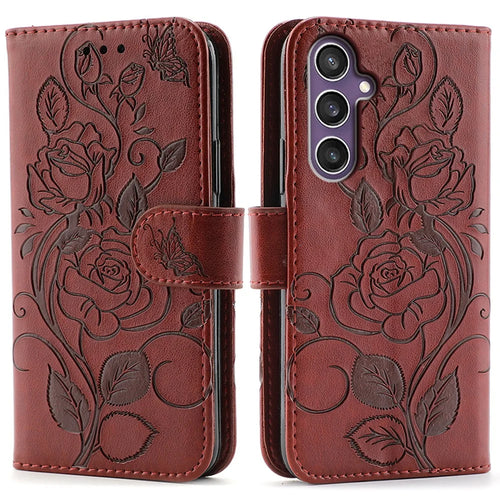 For Samsung Galaxy A27 5G Case Wallet Stand Imprinted Rose Butterfly PU Leather Phone Cover - Brown - 1
