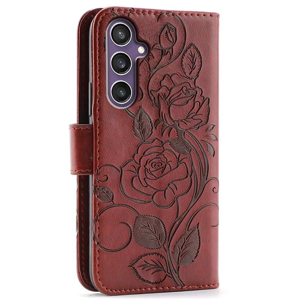 For Samsung Galaxy A27 5G Case Wallet Stand Imprinted Rose Butterfly PU Leather Phone Cover - Brown - 5