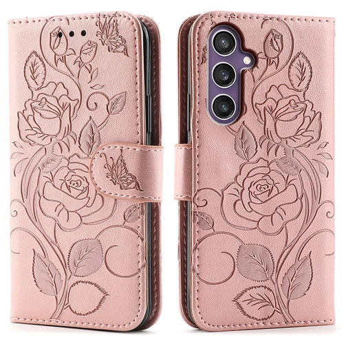 For Samsung Galaxy A37 5G Case Wallet Stand Imprinted Rose Butterfly PU Leather Phone Cover  - Rose Gold - 1