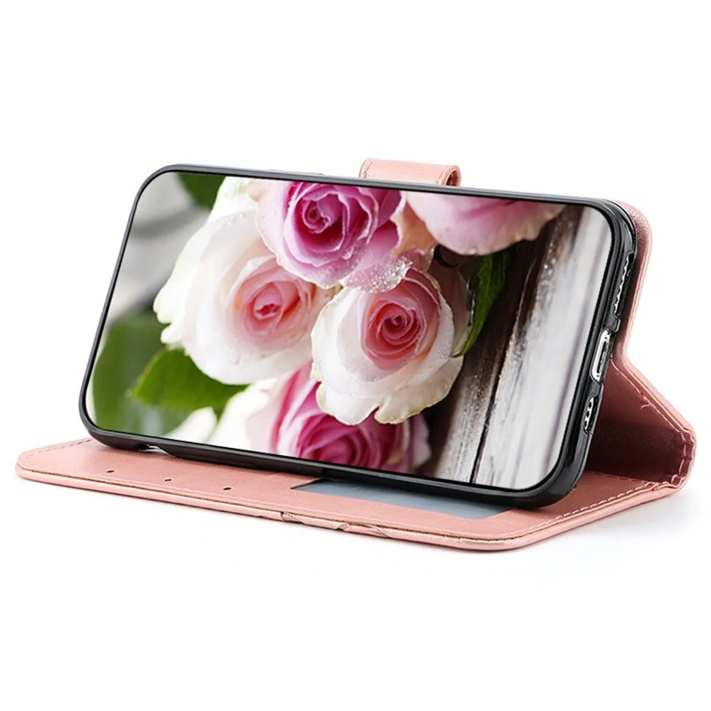 For Samsung Galaxy A37 5G Case Wallet Stand Imprinted Rose Butterfly PU Leather Phone Cover  - Rose Gold - 3