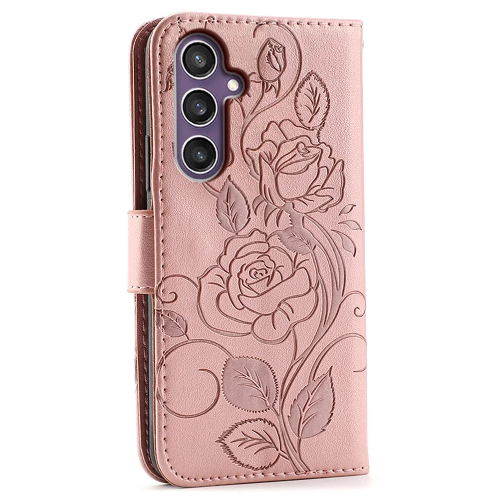 For Samsung Galaxy A37 5G Case Wallet Stand Imprinted Rose Butterfly PU Leather Phone Cover  - Rose Gold - 5