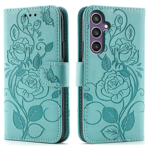 For Samsung Galaxy A57 5G Case Wallet Stand Imprinted Rose Butterfly PU Leather Phone Cover - Green - 1