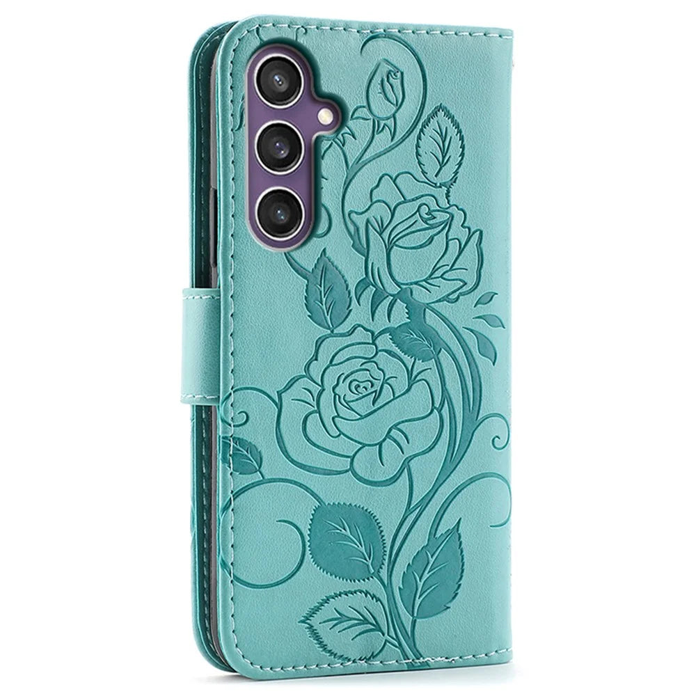 For Samsung Galaxy A57 5G Case Wallet Stand Imprinted Rose Butterfly PU Leather Phone Cover - Green - 5