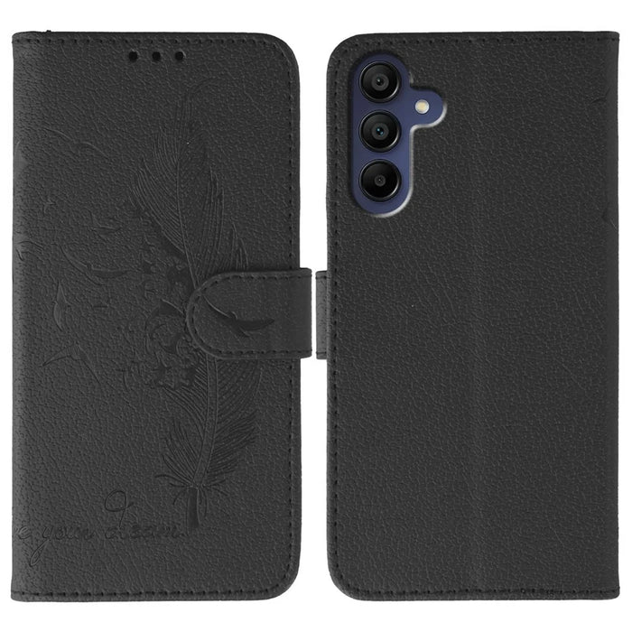 For Samsung Galaxy S26 Case Feather Imprint PU Leather Wallet Phone Cover - Black - 1