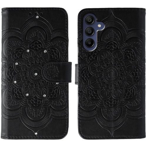 For Samsung Galaxy A27 5G Case Rhinestone Decor PU Leather Mandala Imprint Phone Cover with Wrist Strap - Black - 1