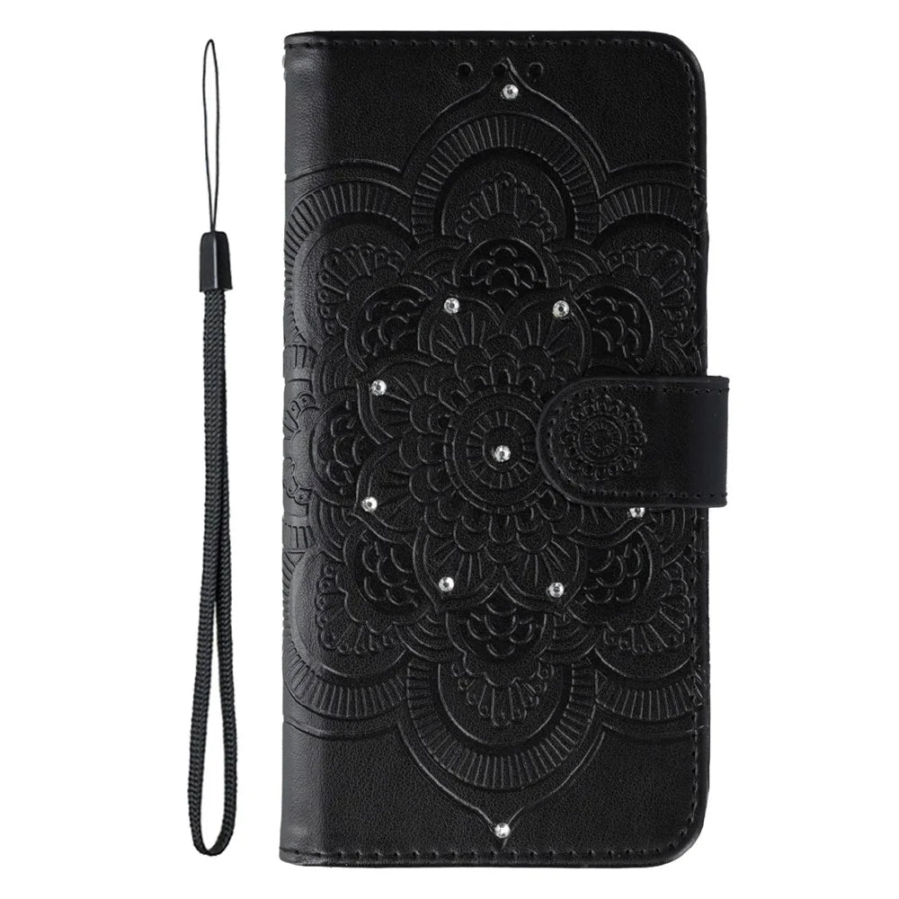 For Samsung Galaxy A27 5G Case Rhinestone Decor PU Leather Mandala Imprint Phone Cover with Wrist Strap - Black - 4