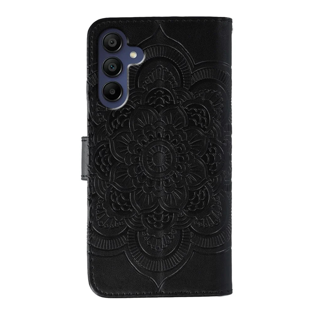 For Samsung Galaxy A27 5G Case Rhinestone Decor PU Leather Mandala Imprint Phone Cover with Wrist Strap - Black - 5