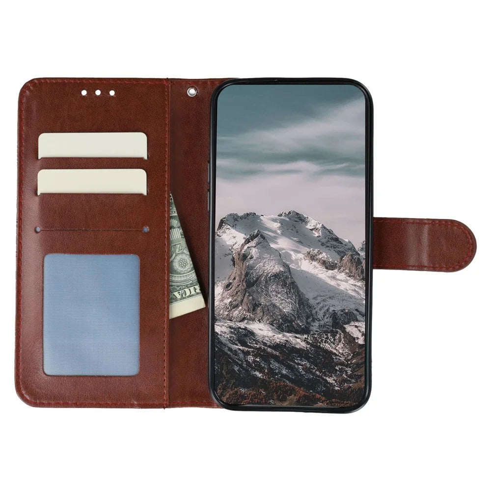 For Samsung Galaxy A37 5G Case Rhinestone Decor PU Leather Mandala Imprint Phone Cover with Wrist Strap - Brown - 2