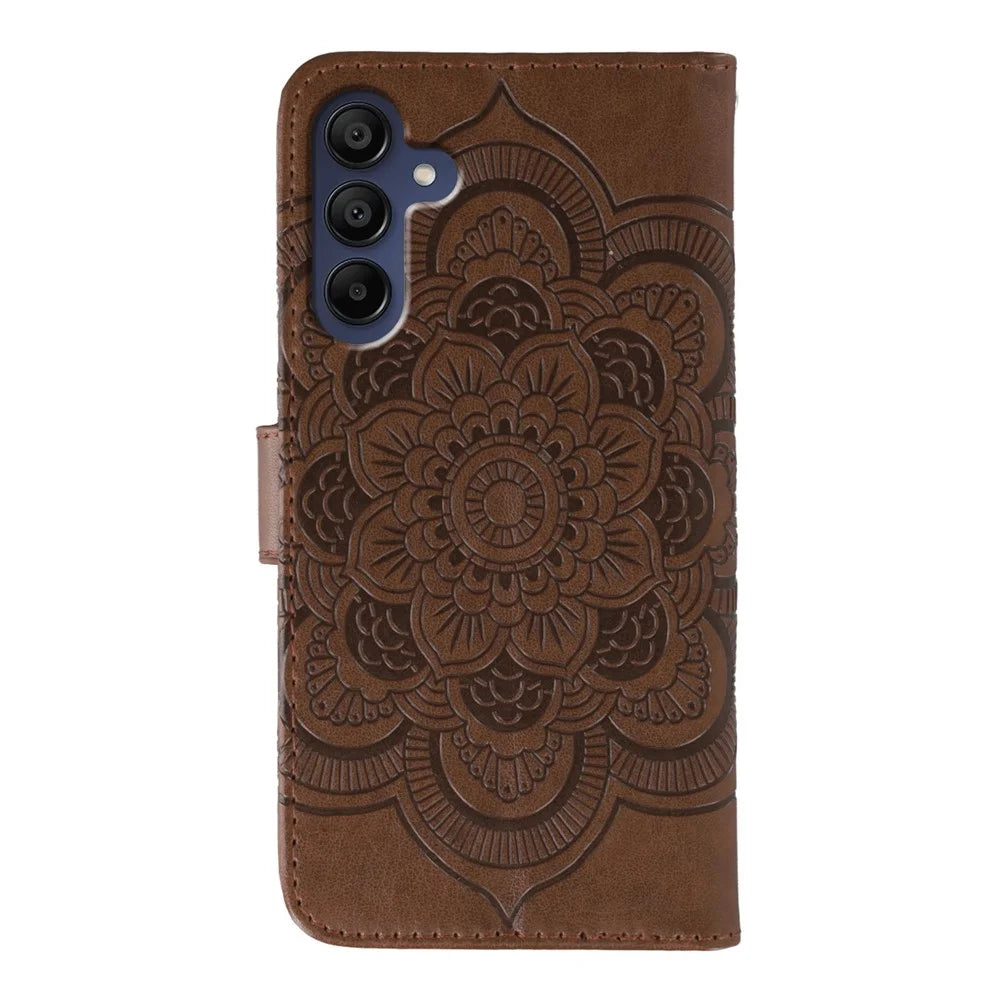 For Samsung Galaxy A37 5G Case Rhinestone Decor PU Leather Mandala Imprint Phone Cover with Wrist Strap - Brown - 5
