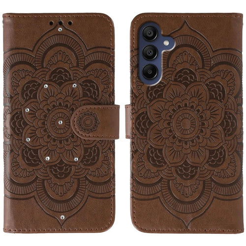 For Samsung Galaxy A57 5G Case Rhinestone Decor PU Leather Mandala Imprint Phone Cover with Wrist Strap - Brown - 1