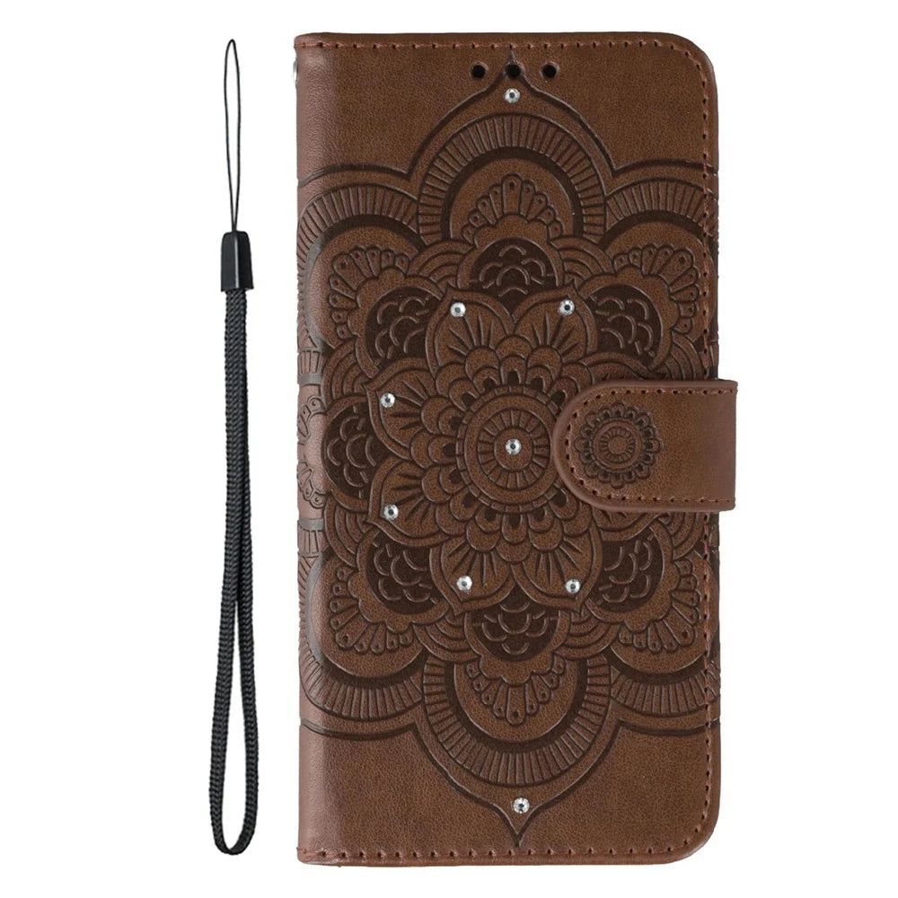 For Samsung Galaxy A57 5G Case Rhinestone Decor PU Leather Mandala Imprint Phone Cover with Wrist Strap - Brown - 4