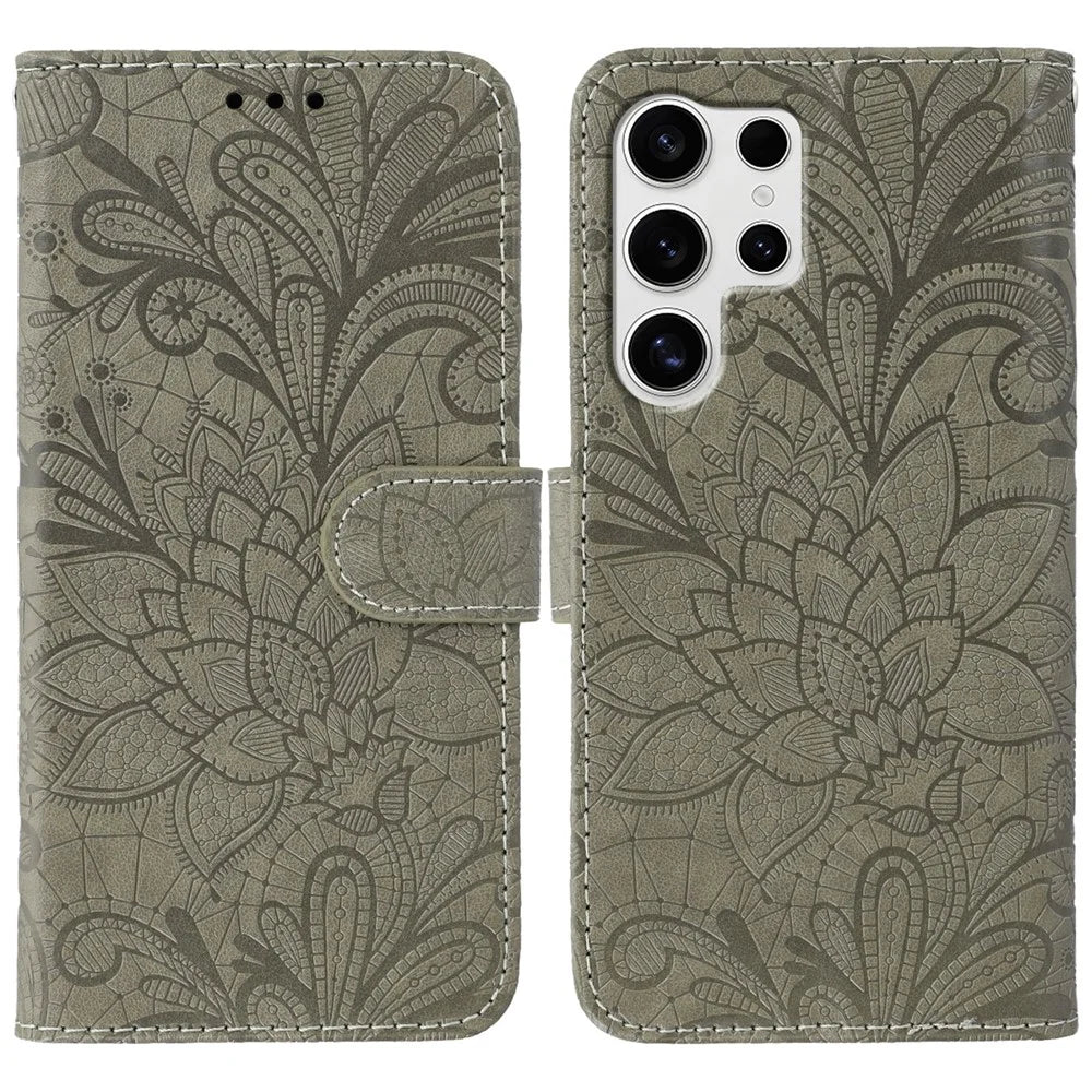 For Samsung Galaxy S26 Ultra Case Lace Flowers PU Leather Flip Wallet Phone Cover - Grey - 1